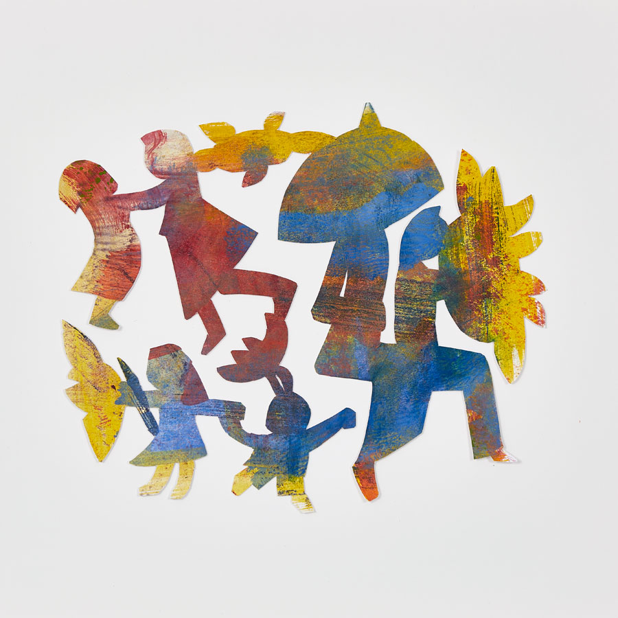 Das Bild zeigt einen Scherenschnitt aus einem zuvor abstrakt bemalten Papier. Es wurden Figuren herausgeschnitten.