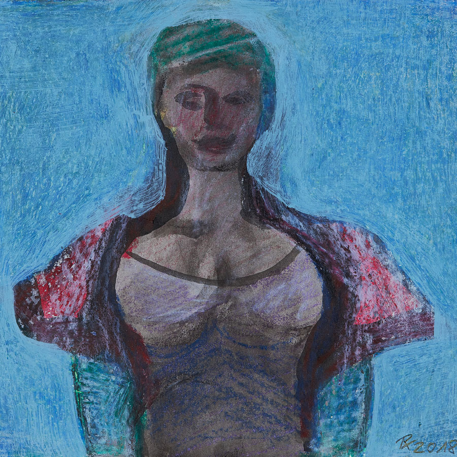 Gezeigt wird ein gemaltes Bild mit blauem Hintergrund und einer mittig stehenden weiblichen Figur, die bis zur Hüfte abgebildet ist.